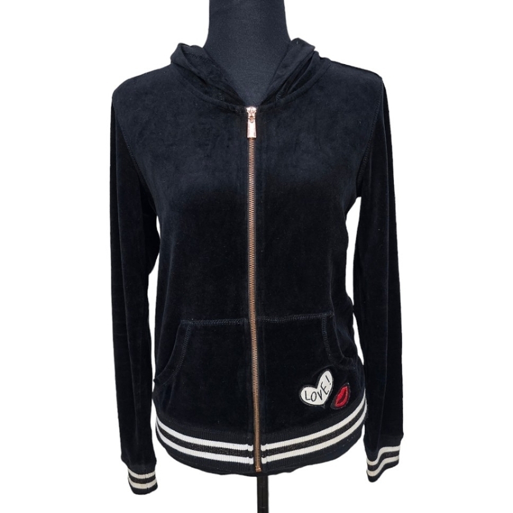 Betsey Johnson Performance Black Velour Zip Front Hoodie Jacket With Patches S